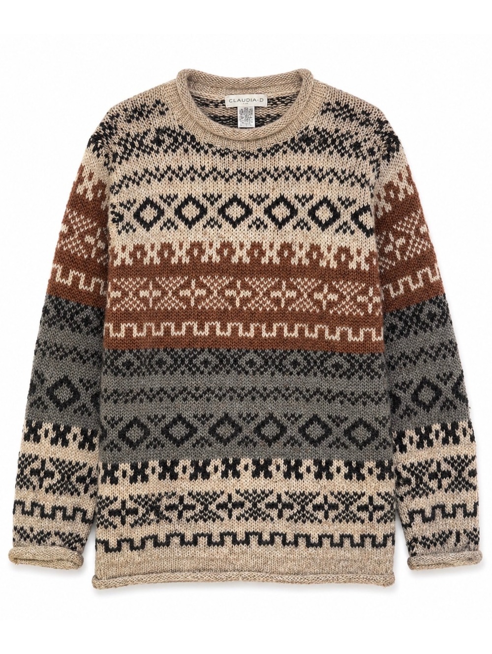 Claudia D Women’s Nordic Sweater Large Brown Gray Wool Blend Fair Isle Roll Neck